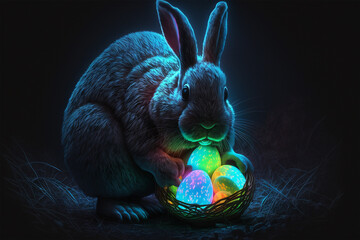 Easter bunny prepares for the Easter egg hunt and hides glowing luminescent easter eggs in a garden at night. Generative AI