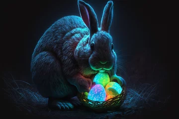 Sierkussen Easter bunny prepares for the Easter egg hunt and hides glowing luminescent easter eggs in a garden at night. Generative AI © Golden_hind