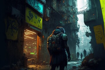 Fototapeta na wymiar A silhouette of a person standing in the streets of a futuristic cyber city, generative ai