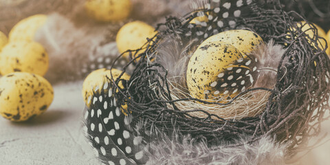 Holiday still life with decorative quail eggs in a brown nest among feathers. Easter decor with selective focus