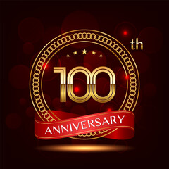 100th Anniversary logo design with golden number and red ribbon for anniversary celebration event, invitation, wedding, greeting card, banner, poster, flyer, brochure, book cover. Logo Vector Template