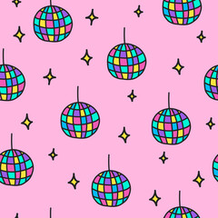 Seamless pattern in trendy 90s Y2K 2000s style. Hand drawn disco ball and stars on a pink background.