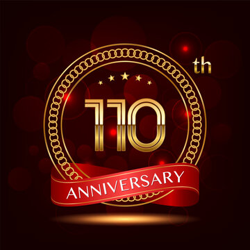 110th Anniversary logo design with golden number and red ribbon for anniversary celebration event, invitation, wedding, greeting card, banner, poster, flyer, brochure, book cover. Logo Vector Template