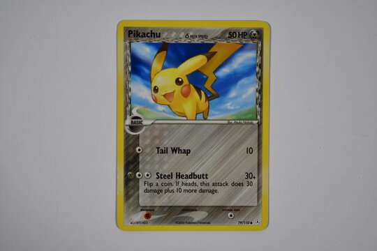 Pokemon trading card, Pikachu, steel type, delta species.
