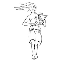 goddess lyre. A girl in a Greek tunic with a musical instrument in her hands. Flapping hair. Black line drawing. Vector illustration