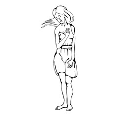 Girl in a standing position, in a dress. Black line outline. Vector illustration