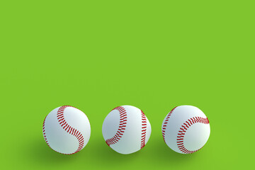 Three baseball balls. Sports accessories. Copy space. 3d render