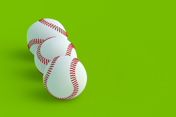 Baseball balls on green background. Sports accessories. Copy space. 3d render