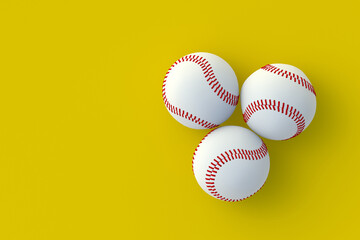 Baseball balls. Sports accessories. Top view. Copy space. 3d render