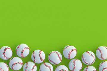 Scattered baseball balls. Sports accessories. Top view. Copy space. 3d render