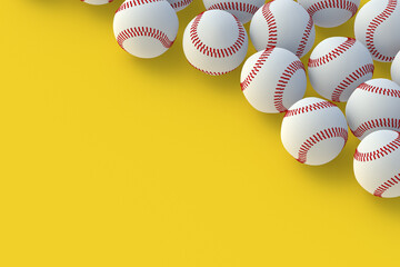 Many baseball balls. Sports accessories. Copy space. 3d render