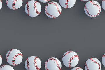 Two rows of baseball balls. Sports accessories. Top view. Copy space. 3d render