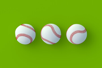 Three baseball balls in center. Sports accessories. Top view. 3d render