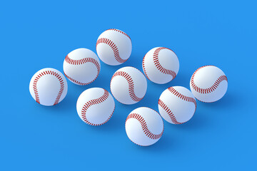 Baseball balls on blue background. Sports accessories. 3d render