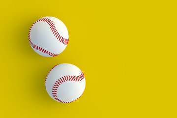 Two baseball balls on yellow background. Sports accessories. Top view. Copy space. 3d render