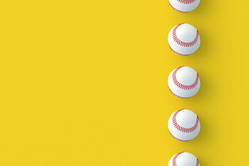 Row of baseball balls. Sports accessories. Top view. Copy space. 3d render