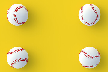 Baseball balls in corners. Sports accessories. Top view. Copy space. 3d render