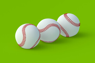 Baseball balls on green background. Sports accessories. 3d render