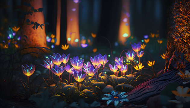 Glowing flowers in the dark forest created with generative AI technology