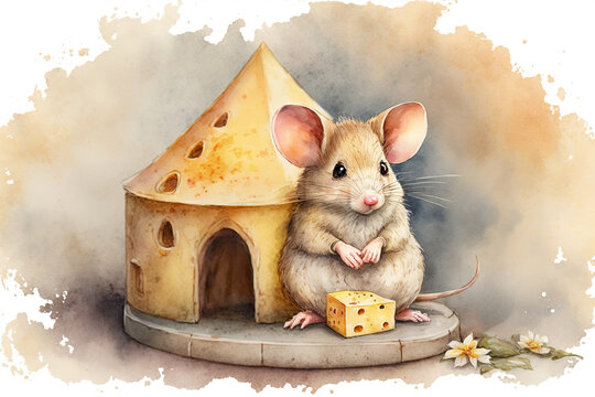 Little mouse with a piece of cheese and a cheese house watercolor, Generative AI