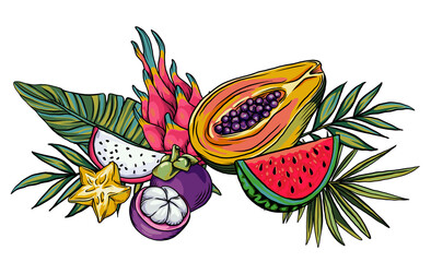 drawing isolated of a snake weaving tropical fruits, background for textiles, trendy texture, wallpaper, as well as postcards, highlight individual PNG objects.