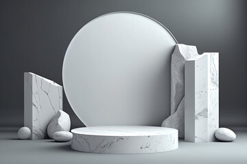 Podium. Empty platform or pedestal for product presentation with rock and stones decoration. Illustration AI