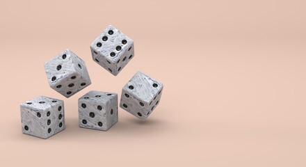 Marble casino dice being rolled randomly on a plain background (3d illustration)