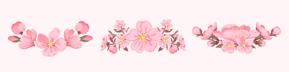 Cherry blossom bunch bouquet frame border corner flat set. Floral spring pink sakura flower delicate element design card invitation gift love holiday decor sticker japan china style seasonal isolated