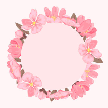 Cherry blossom round floral frame 3d pink flat. Circle bloom spring avatar picture border sakura photo design lettering greeting card invitation seasonal ads fashion banner Japanese style isolated