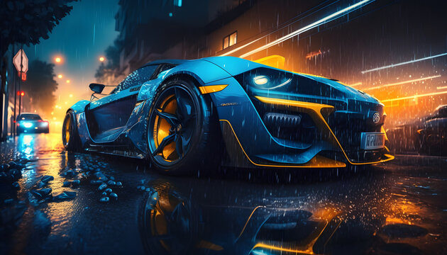 Glowing blue and yellow car in the dark city created with generative AI technology