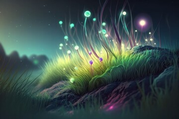 Fototapeta na wymiar Dreamlike Fantasy World: Neon Sparkling Grass Illustration, generative ai