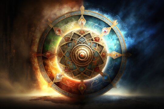 Wheel of samsara rebirth special effect, concept of Karma Cycle and Reincarnation, created with Generative AI technology