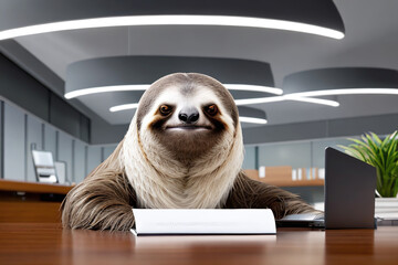 Sloth in an office environment, diligently completing paperwork. Productivity, professional life, work-life balance concept created with generative AI.