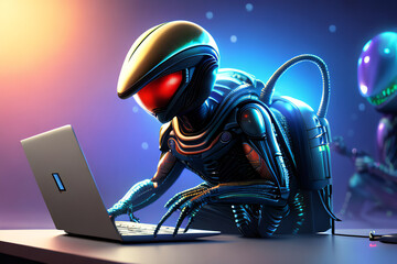 Alien hacker in a surreal landscape with laptop. Science fiction, computer science, robotics concept created with generative AI.