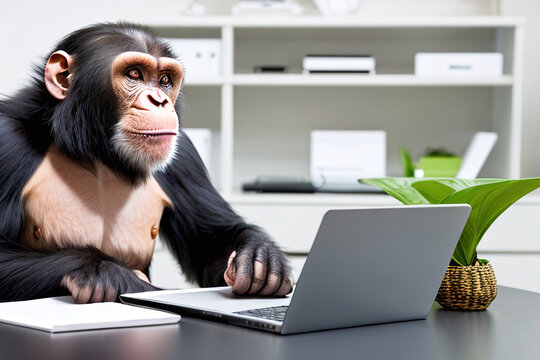A chimpanzee in an office environment looking at documents. Business, technology, work concept created with generative AI.