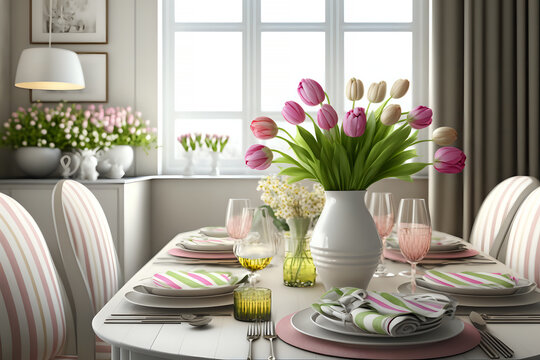 Stylish festive Easter table in a tidy and stylish home interior. Generative AI