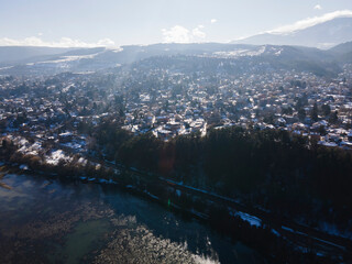 Aerial winter view of Pancharevo lake, Bulgaria