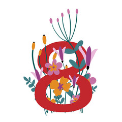 Vector illustration for International Women's Day. Stylish floral spring illustration. Red number eight. Botanical illustration for the Eighth of March holiday. Idea for flat style postcards.