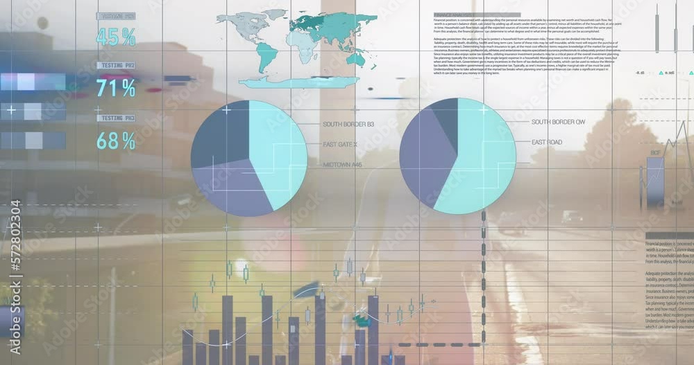 Wall mural Animation of infographic interface over biracial woman wearing mask and using cellphone with bicycle