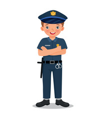 Cute little boy wearing police uniform pretending to be police officer