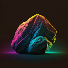 Colorful Neon Boulder, Tech Lines, Dark Background, Rock Generative AI