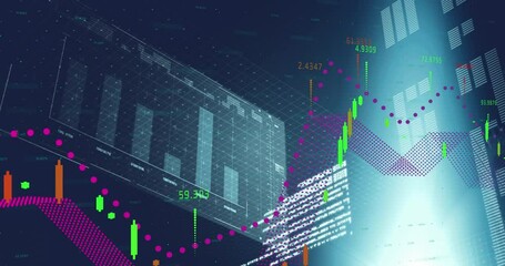 Animation of financial and statistical data processing against light spot on black background