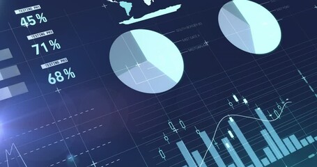 Animation of statistical data processing against light spot on blue background