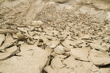 Dehydrated cracked dry river bed soil due to global warming effect.