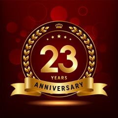 23th Anniversary logo design with golden number and laurel wreath for anniversary celebration event, invitation, greeting card, banner, poster, flyer, flyer. Logo Vector Template