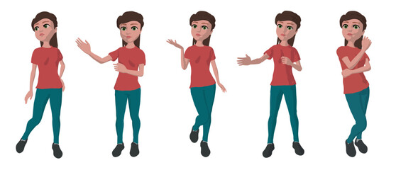 cartoon woman many poses presenting girl showing with hand office worker flat no line illustration