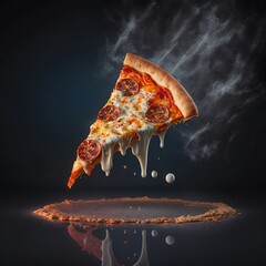 Hot tasty traditional italian pizza with salami, cheese, tomatoes greens on a dark background, slice pizza flying