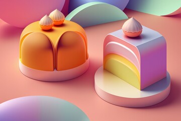 Colorful cupcakes against a color background. Minimal summer holiday style. Funny tasty cake. Ai generative.