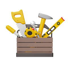 Toolbox with instruments inside. Workman's toolkit. Tool chest with hand tools. Workbox in flat style. 3D illustration