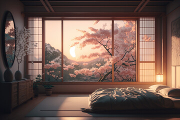 living room with view of cherry blossoms made with generative ai